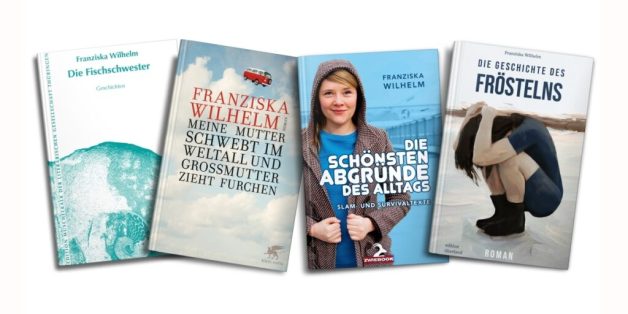 Vier Bücher der Leipziger Autorin Franziska Wilhelm nebeneinander liegend
