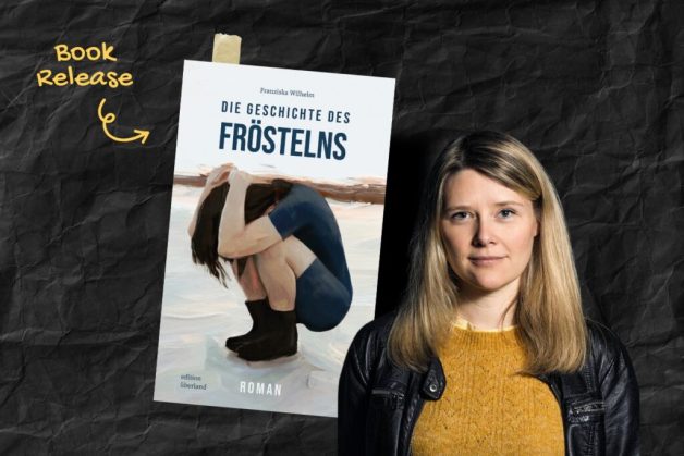 Autorin Franziska Wilhelm vor dem Cover ihres neuen Buches mit Hinweis auf die Release-Lesung am 06.02.26